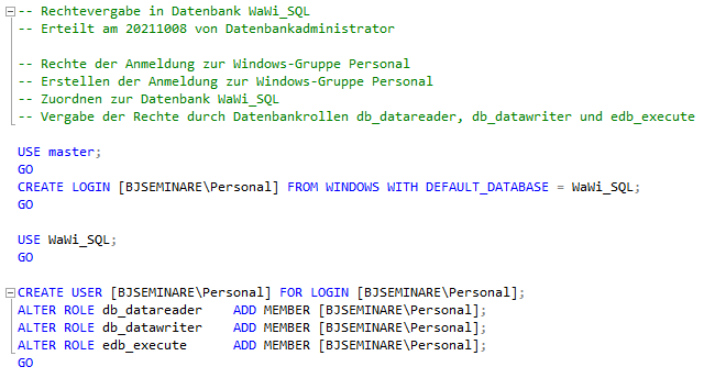 Rechtevergabe für die Anmeldung Personal